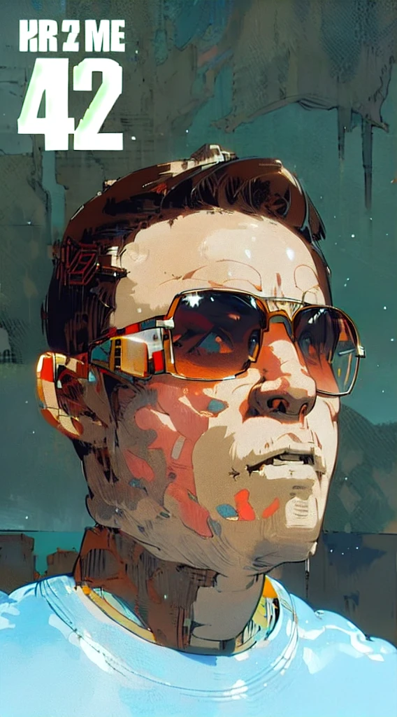 a nice guy portrait, in sunglases, standing in desert, clouds, cyberpunk, mecha, gandam, robots, glam, post apocaliptic world, blade runner inspired, anime, manga style