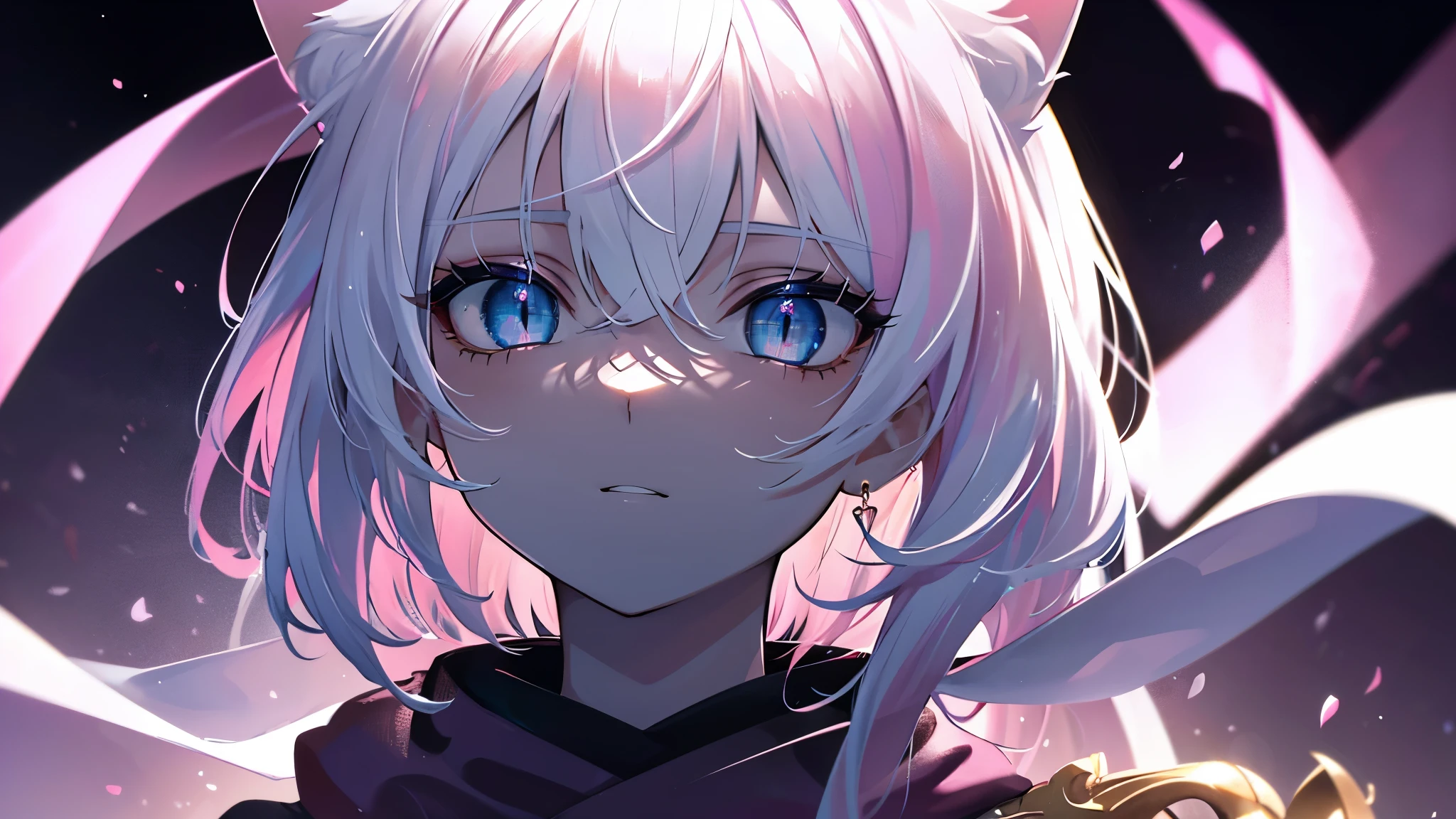 master masterpiece, 4k, highly detailed, anime style, HDR, subsurface scattering, cinematic light, (beautiful detailed eyes:1.6), extremely detailed face, , slender body, muscular, short height, teen, white hair, pink tips, ((white and pink theme)), short ponytail hair, pink eyes, bright neon pink eyes, scarf, cat ears, dark robe, Clear focus,hard lighting,vivd colour.