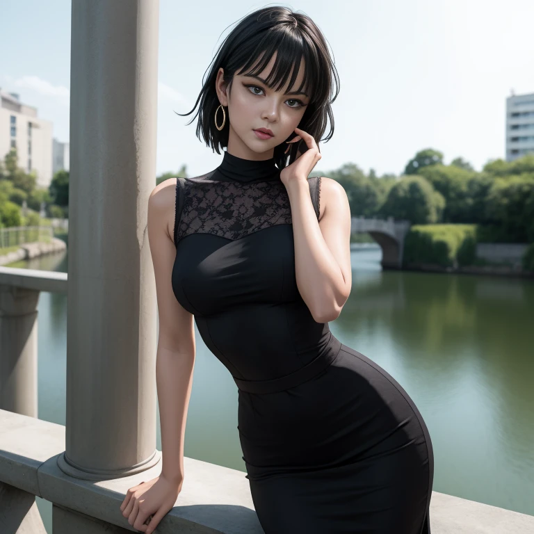 Masterpiece, best quality, detailed face, Fubuki, black hair, black dress, pelvic curtain, posing on a bridge, looking at viewer, neutral face