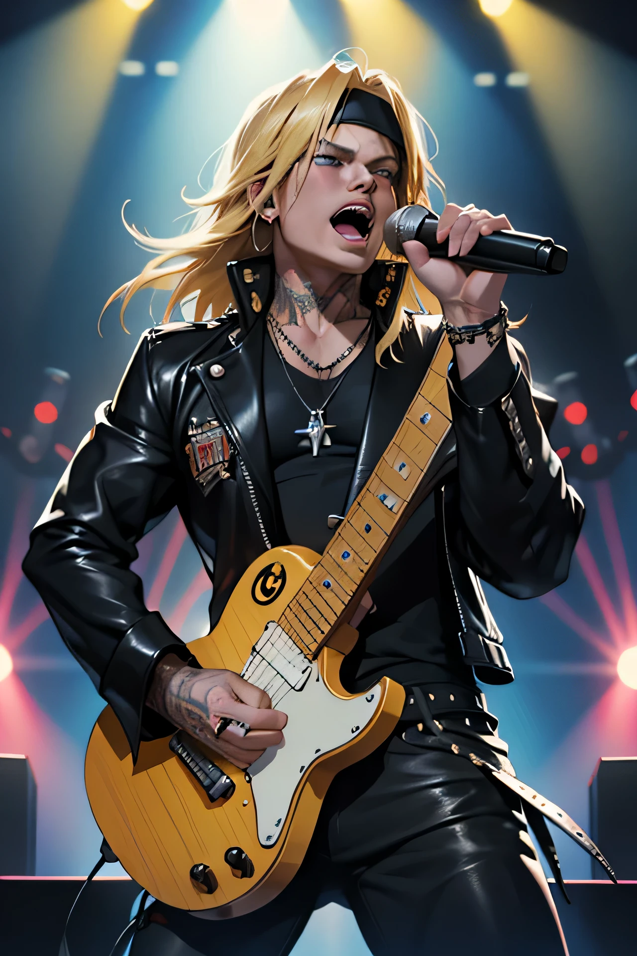 (best quality,4k,8k,highres,masterpiece:1.2),ultra-detailed,photorealistic:1.37,Axl Rose in a black suit, blond hair,portrait,rock singer,stunning expression,dynamic pose,strong stage presence,microphone,concert atmosphere,stage lights,colorful stage backdrop,electric guitar,rock and roll style,vibrant colors,energy,passion,excitement,showmanship