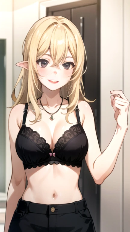 tall body, tall, long legs, mature female, mature, adult, simple background, indoors
 Eft_goblin_kaori, 1girl, blonde hair, long hair, solo, necklace, smile, black bra lingerie, upper body, parody, black eyes, hair between eyes, striped, grey eyes, blush, dark red lipstick, smoky eyeshadow, black high heels
