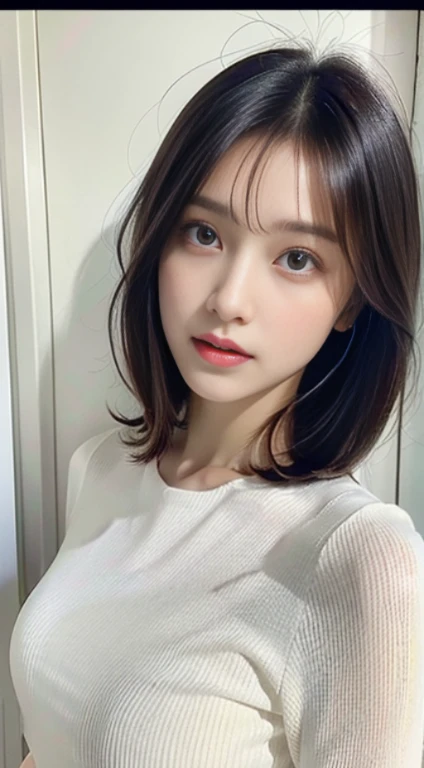 See-through tops、Long sleeve dress、Silky Hair、White wall、Taken in front of a white door、((highest quality、8k、masterpiece:1.3))、Ultra-high resolution、(photoGenuineistic:1.4)、RAW Photos、Japanese,(face)、Genuine、Photographed in natural light、Highly detailed face and skin texture、Highly detailed lips、The correct state of the human body、Medium Hair、Black Hair、Various poses、Natural color lip、bob hair