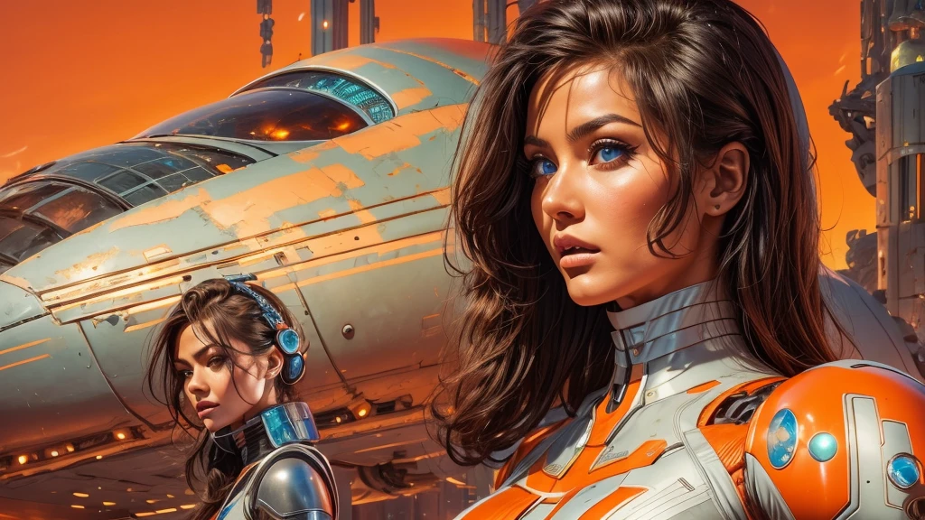arafed image of a woman in a futuristic suit with a spaceship in the background, movie art, in front of an orange background, inspired by Robert McGinnis, female protagonist, megastructure in the background, portrait of an ai astronaut, astronauts, an astronaut, portrait of a astronaut skeletor, perfect android girl, detailed eyes, frank franzzeta and sakimichan