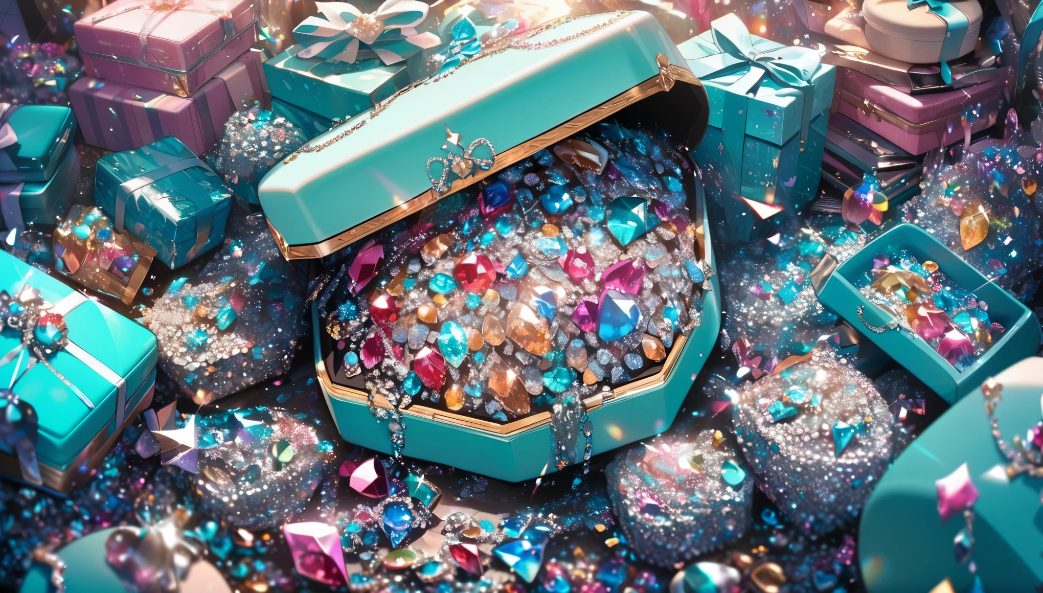masterpiece, pile of colorful and sparkling gems overflowing from a Tiffany blue jewelry box