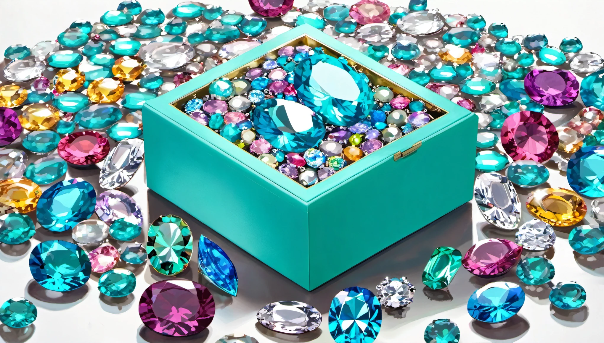 masterpiece, pile of colorful and sparkling gems overflowing from a Tiffany blue jewelry box