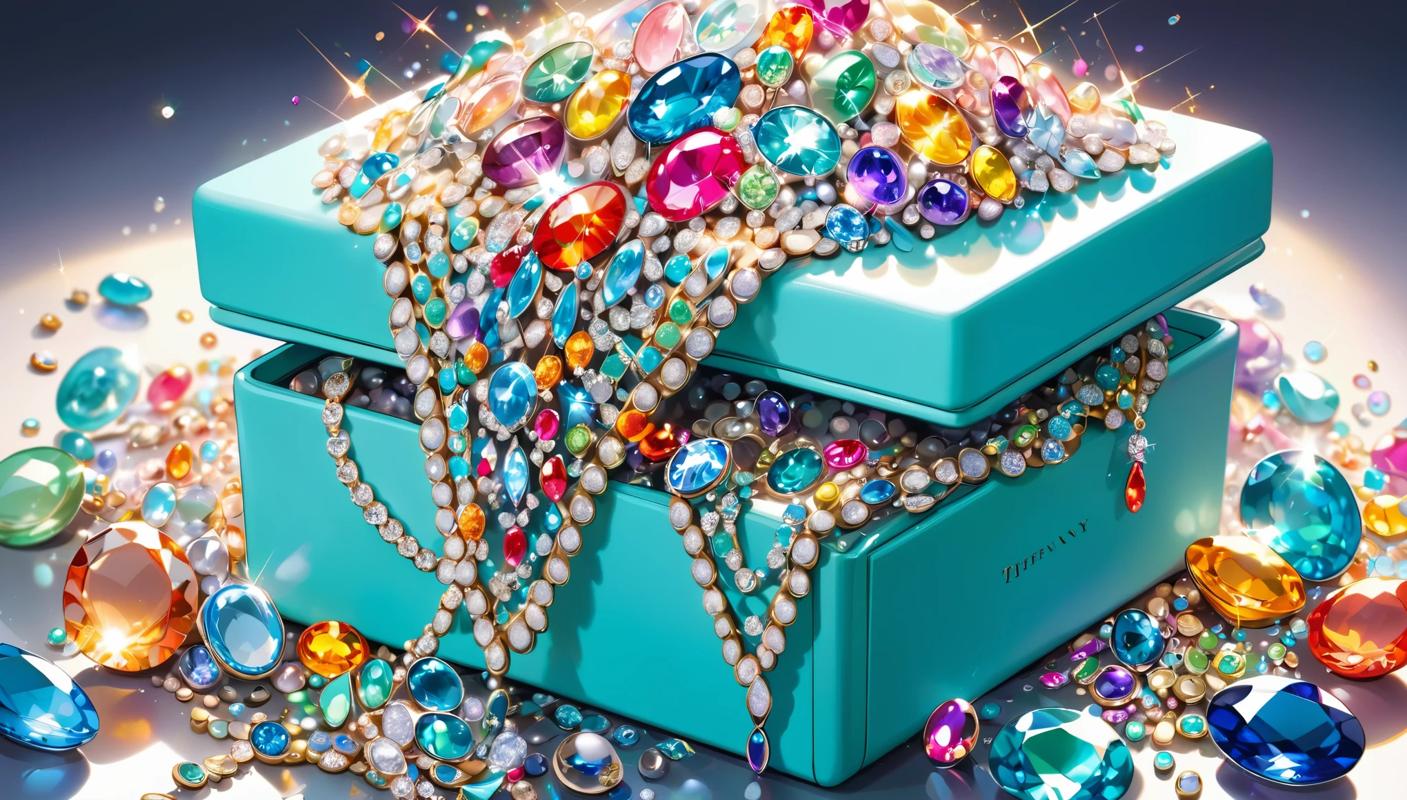 masterpiece, pile of colorful and sparkling gems overflowing from a Tiffany blue jewelry box
