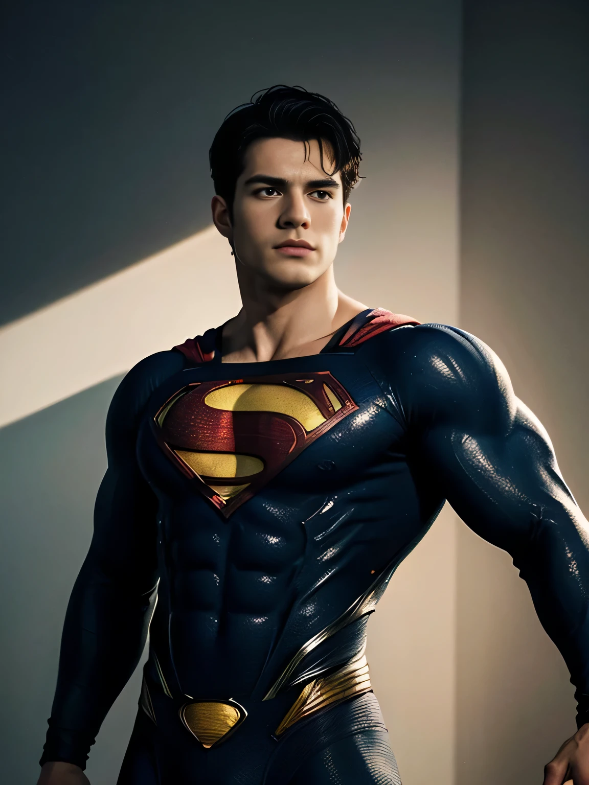 Henry Cavill as Superman ((Best Quality, 8K, ultra-detailed, Masterpiece: 1.3)), 1boy, shiny skin, sharp, Perfect Body Beauty, realistic shaded perfect body, The image is primarily composed of white, black, and royal blue colors. The artwork is created with abstract shapes and lines, resembling brush strokes. It has a poster art feel to it. The main focus of the scene is superman muscular body. The lighting and shadows play a crucial role in enhancing the mood of the artwork. The style of the image is influenced by the works of Malcolm Liepke, known for his dynamic and expressive paintings. Depict the model partially concealed by a sheer fabric or drapery, leaving much to the viewer's imagination. Use subtle details to hint at hidden desires. symbolic elements that convey a deeper meaning or narrative