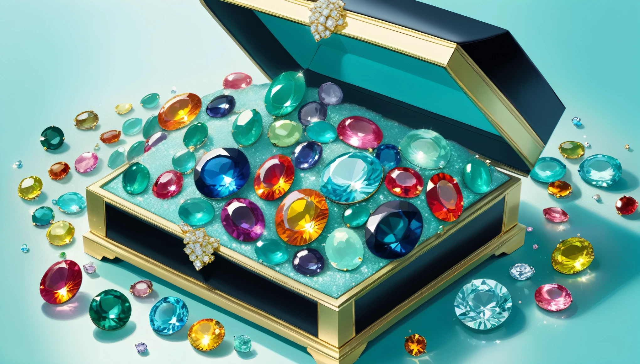 masterpiece, pile of colorful and sparkling gems overflowing from a Tiffany blue jewelry box