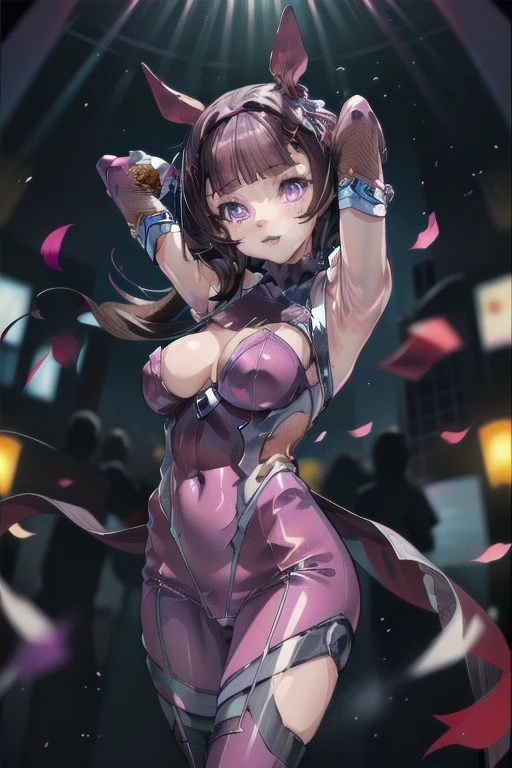 hmmr1, nishino flower \(umamusume\), asagioutfit, bare shoulders, purple gloves, skin tight, shiny clothes, impossible bodysuit, purple bodysuit, sleeveless, fishnets, elbow gloves, shiny,arms behind head ,smile,standing,three ,cowboy shot