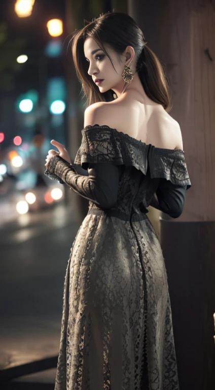 (8k, 最high quality: 1.2), Very detailed, thorough solution, (reality的な, reality的な photo: 1.37), Portraiture, High resolution RAW color photograph, arrested in the line of duty, High resolution and beautiful, High resolution, 8ก Image Wallpaper, Amazing details, Large file size, Very detailedbeautiful女の子, Very detailed face, (すごくbeautiful目:1.8), the nose has the correct shape., expressive lips, (Movie Scenes,Fantasy art,最high quality,high quality,High resolution,high qualityな質感,High Detail,beautiful,Detailed,Very detailedなCG,Detailedテクスチャー,reality的な representation of face,Tabletop,before,dynamic,bold), Accurate human body、Knowledgeable person、Correct five-finger、RAW Photos、最high quality, masterpiece, 超High resolution, (reality: 1.4),1 girl, Purple eyes, Very detailed肌,curve,(Covered nipples:0.8),beautiful胸,Small breasts,Pale skin,Pointed Chest,Erect nipples,(super thin hair),(Very soft hair),(ponytail),length, flowing bangs,Very light coppery amber hair,Hair above one eye,very thin body,Smart abs,(((Off-the-shoulder lace long skirt dress:1.5))), ( full body shot,tall,Slender body, Dress Lift:1.6),1 pair of GGX heels,City of night,Are standing,(Goth Makeup: 1.4)、(Gold Earrings)