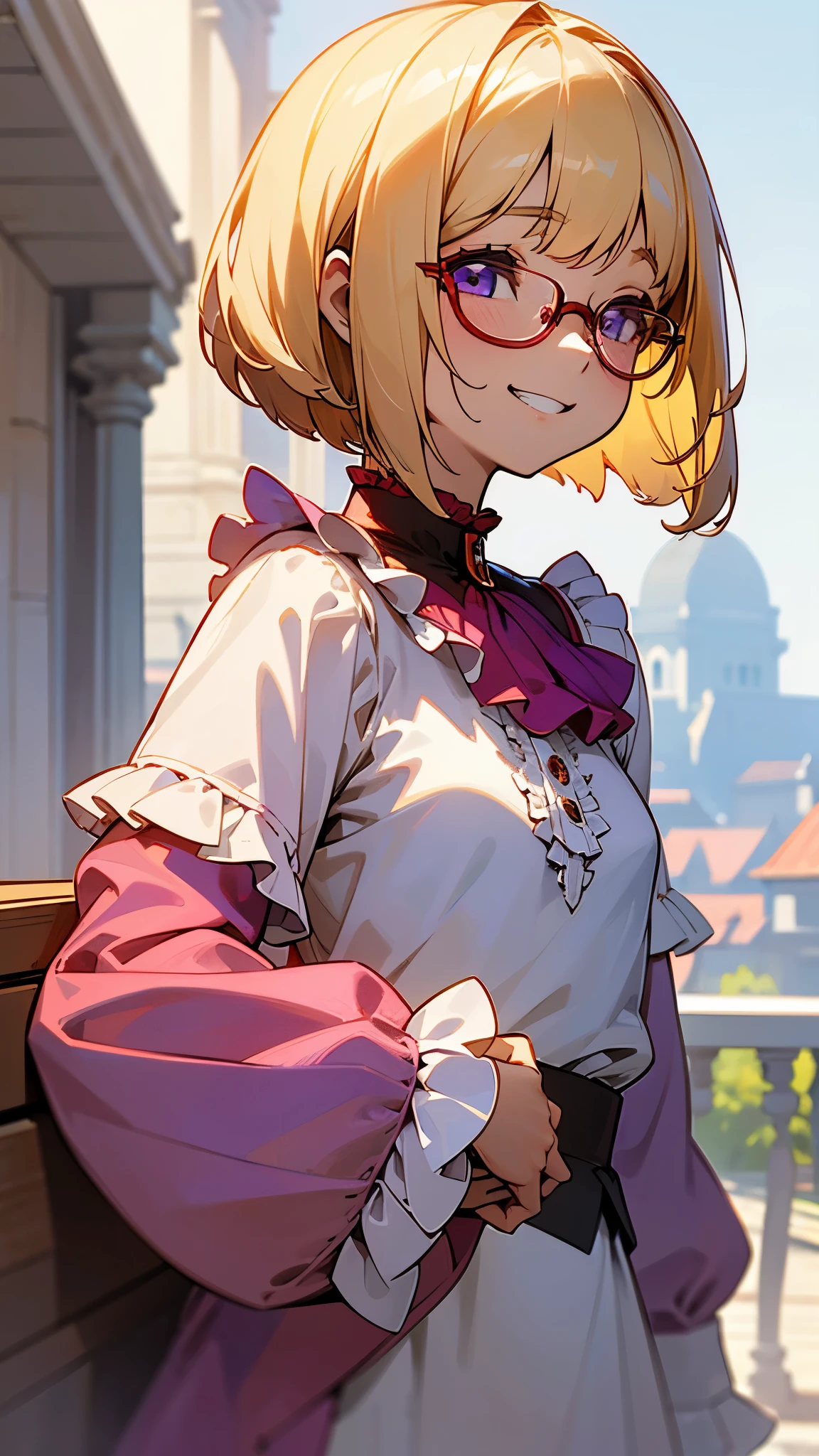 1 girl、anime painting、Upper body close-up、From the side、Natural Proportions、thin、Small breasts、Grin、White skin、(blonde)、Bobcut、beautiful purple eyes、Glasses、Red jacket、(Long sleeve blouse)、Frilled blouse、Morning Cafe Terrace、Background blur、Written boundary depth