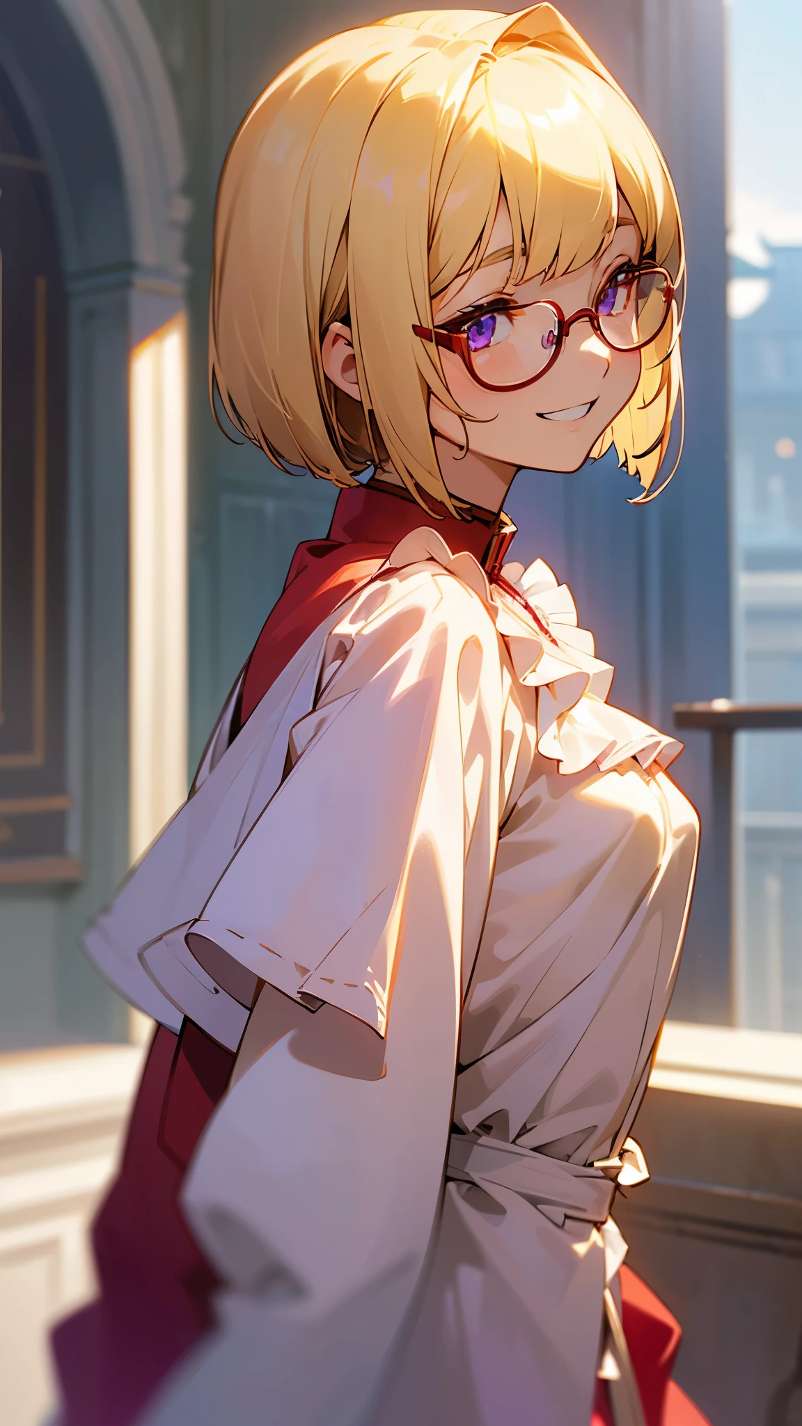 1 girl、anime painting、Upper body close-up、From the side、Natural Proportions、thin、Small breasts、Grin、White skin、(blonde)、Bobcut、beautiful purple eyes、Glasses、Red jacket、(Long sleeve blouse)、Frilled blouse、Morning Cafe Terrace、Background blur、Written boundary depth