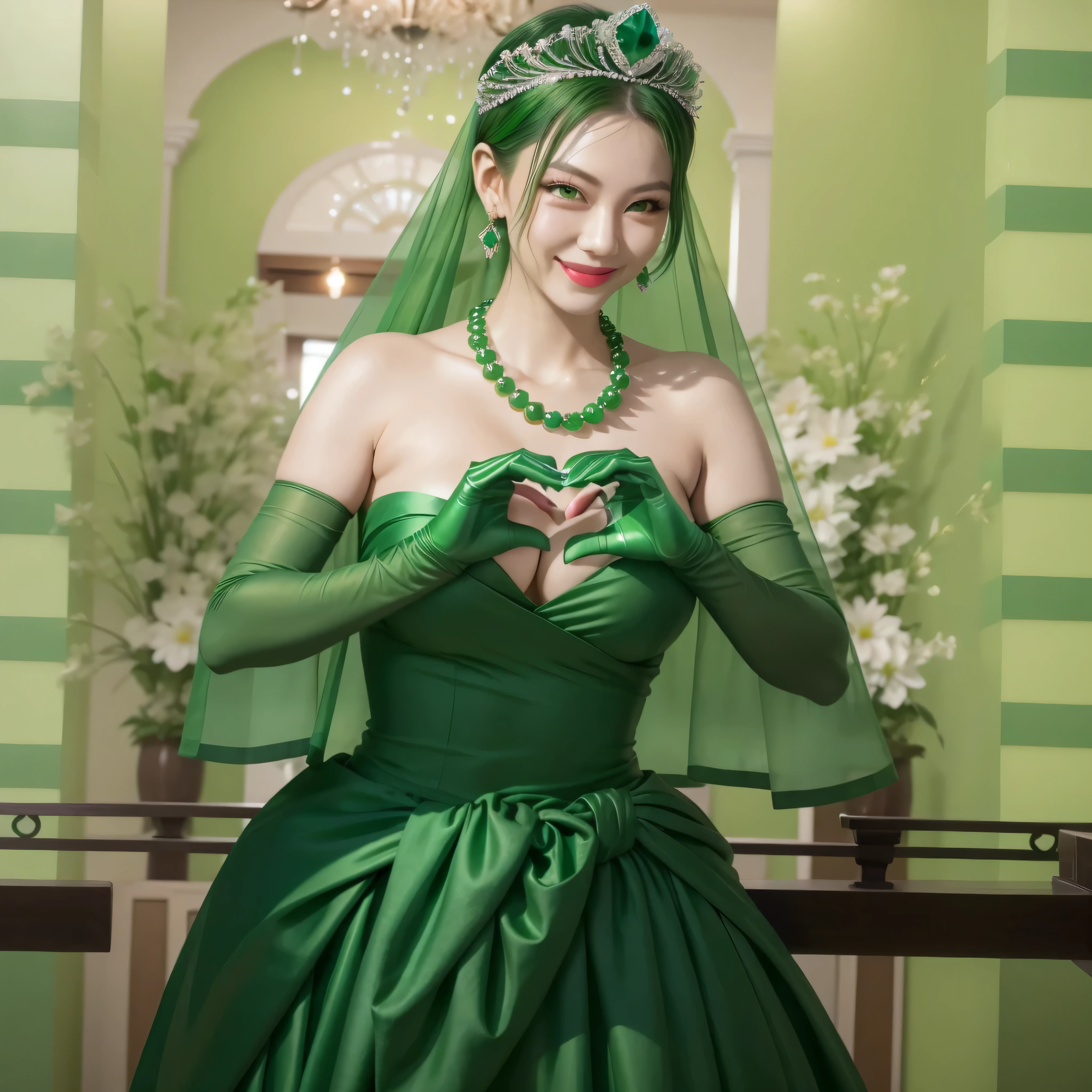 Emerald Tiara, Green Pearl Necklace, boyish very short Green Hair, Green Lips, Smiling Japanese woman, Very short hair, Beautiful woman with big breasts, Green Eyes, Green satin gloves, Green Eyes, Emerald Earrings, Green Vale, Heart with both hands, Green Hair, Beautiful Japanese Women, Heart shaped hands:1.3, green lip gloss