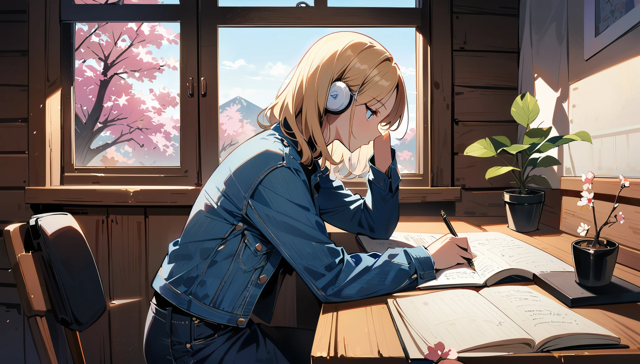 (masterpiece, best quality:1.2), 1girl, solo, Android 18 from Dragon Ball in her chic and pristine log cabin room, slender figure, (wearing white headphones), short blonde hair, blue eyes, earrings, jewelry, denim jacket, black pantyhose, black fitted and cropped camisole, denim skirt, striped long sleeves, exposing her shoulders, seated at her stylishly organized desk intently writing in a journal, completely absorbed in documenting her thoughts, desk has a modern desk lamp, potted plant, an additional small potted plant in the foreground, chic log cabin style wooden walls, minimalist yet tasteful room decor with no clutter, large window with cherry blossoms blooming outside, side view, 4K