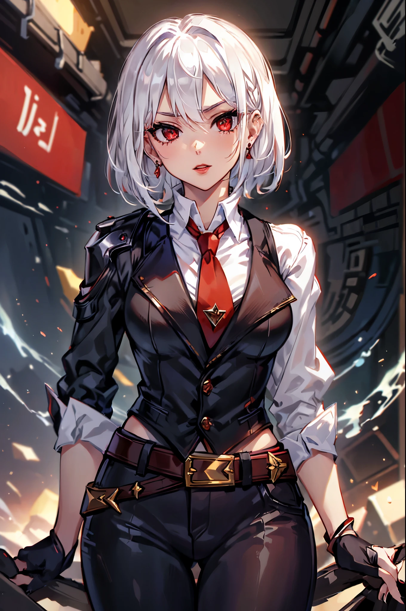 (masterpiece, best quality:1.2), expressive eyes, perfect face, highres, 1girl, solo, AsheOver, mole, earrings, red eyes, white hair,  medium hair, jewelry, makeup, lipstick, necktie, red necktie, thigh strap, black gloves, belt, stud earrings, red lips, shirt, pants, lips, eyeshadow, standing, upper body, looking at the viewer