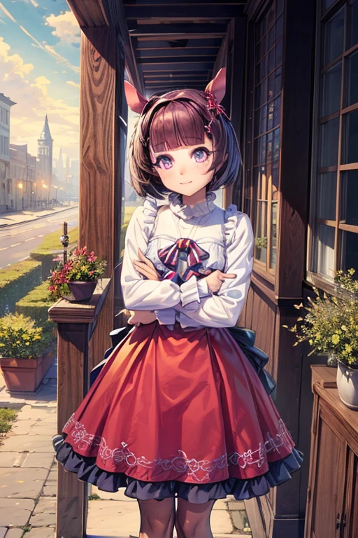 sksbrooke person, sksbrooke, (masterpiece:1.2), (best quality:1.2), nishino flower \(umamusume\), perfect eyes, perfect face, 1girl, solo, brown eyes, (medium breasts), perky breasts, seductive look, red sexy virgin killer sweater dress, porch, arms crossed