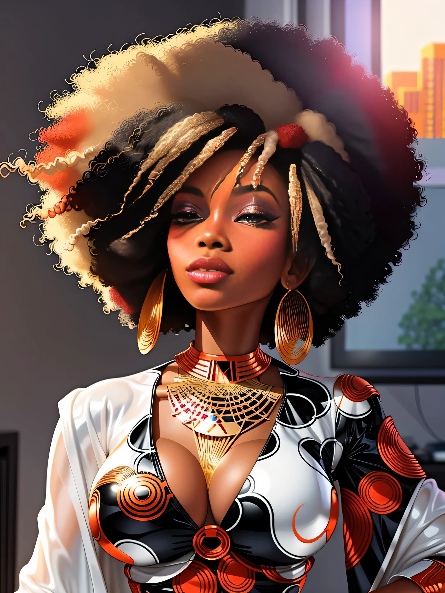 un gros plan d'une femme avec une grande afro portant une robe rouge et noir, seins moyen, Afrofuturisteic, afro, superbe illustration numérique, beautiful digital illustration, beautiful work of'Digital art, Afro-American, portrait de haute qualité, Afrofuturiste, afro futuriste, avec afro, African-American girl, afrofuturisme, trend on the CG company, cheveux afro, dark skin, princesse africaine noire, superbe princesse africaine