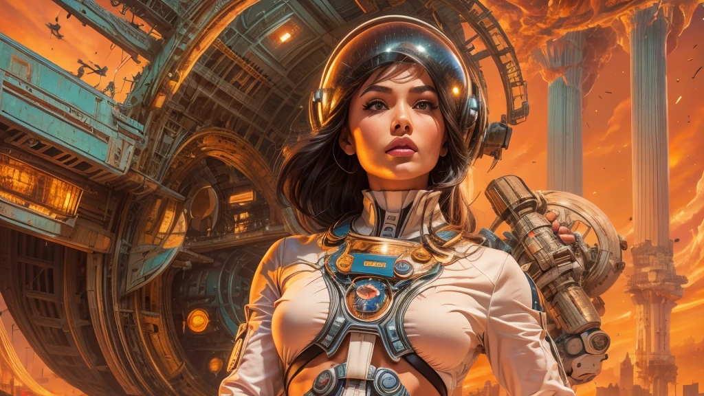 arafed image of a woman in a futuristic suit with a spaceship in the background, movie art, in front of an orange background, inspired by Robert McGinnis, female protagonist, megastructure in the background, portrait of an ai astronaut, astronauts, an astronaut, portrait of a astronaut skeletor, perfect android girl, detailed eyes, frank franzzeta and sakimichan