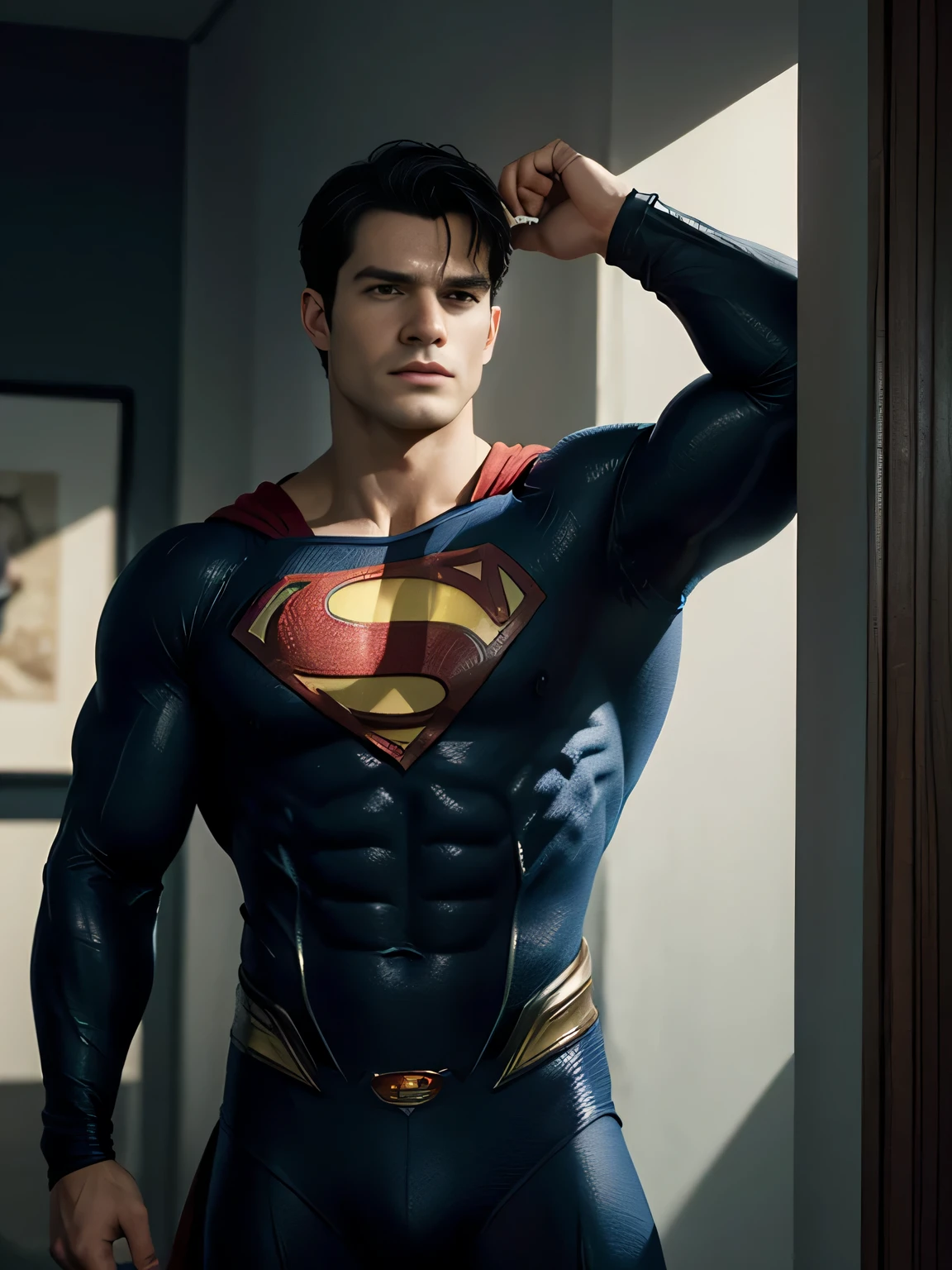 Henry Cavill as Superman ((Best Quality, 8K, ultra-detailed, Masterpiece: 1.3)), 1boy, shiny skin, sharp, Perfect Body Beauty, realistic shaded perfect body, The image is primarily composed of white, black, and royal blue colors. The artwork is created with abstract shapes and lines, resembling brush strokes. It has a poster art feel to it. The main focus of the scene is superman muscular body. The lighting and shadows play a crucial role in enhancing the mood of the artwork. The style of the image is influenced by the works of Malcolm Liepke, known for his dynamic and expressive paintings. Depict the model partially concealed by a sheer fabric or drapery, leaving much to the viewer's imagination. Use subtle details to hint at hidden desires. symbolic elements that convey a deeper meaning or narrative