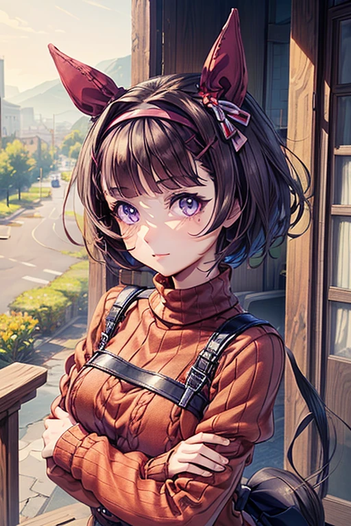 sksbrooke person, sksbrooke, (masterpiece:1.2), (best quality:1.2), nishino flower \(umamusume\), perfect eyes, perfect face, 1girl, solo, brown eyes, (medium breasts), perky breasts, seductive look, red sexy virgin killer sweater dress, porch, arms crossed