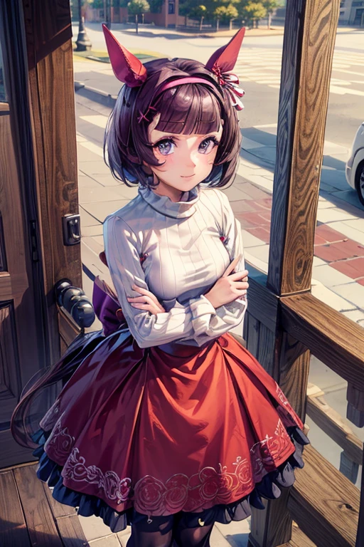 sksbrooke person, sksbrooke, (masterpiece:1.2), (best quality:1.2), nishino flower \(umamusume\), perfect eyes, perfect face, 1girl, solo, brown eyes, (medium breasts), perky breasts, seductive look, red sexy virgin killer sweater dress, porch, arms crossed