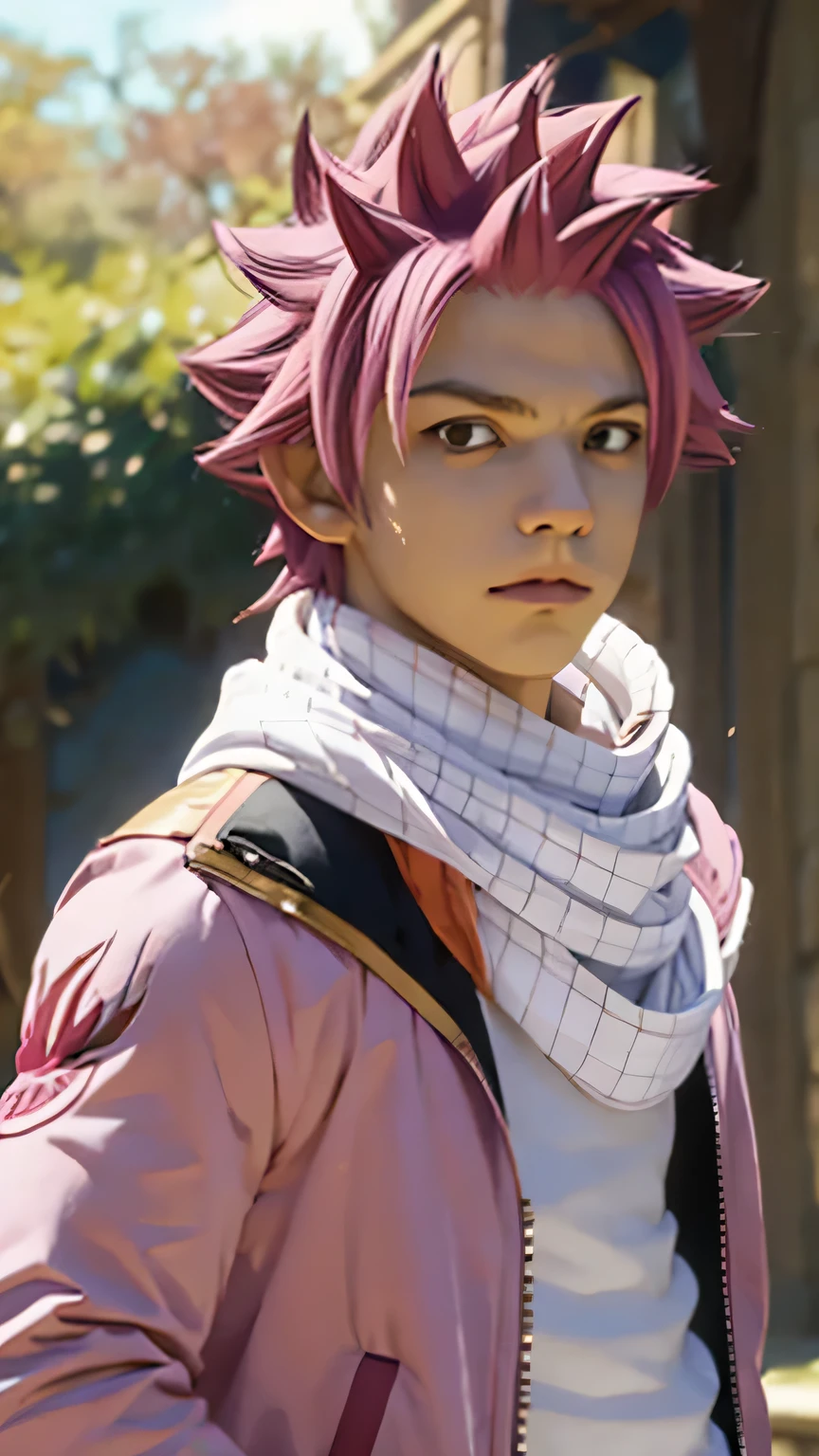 masterpiece, best quality, , 1boy, solo, male focus, looking at viewer, upper body, , , realistic, ,, natsu_dragneel, pink hair, track jacket, , ancient greece, , fairy_tail_style