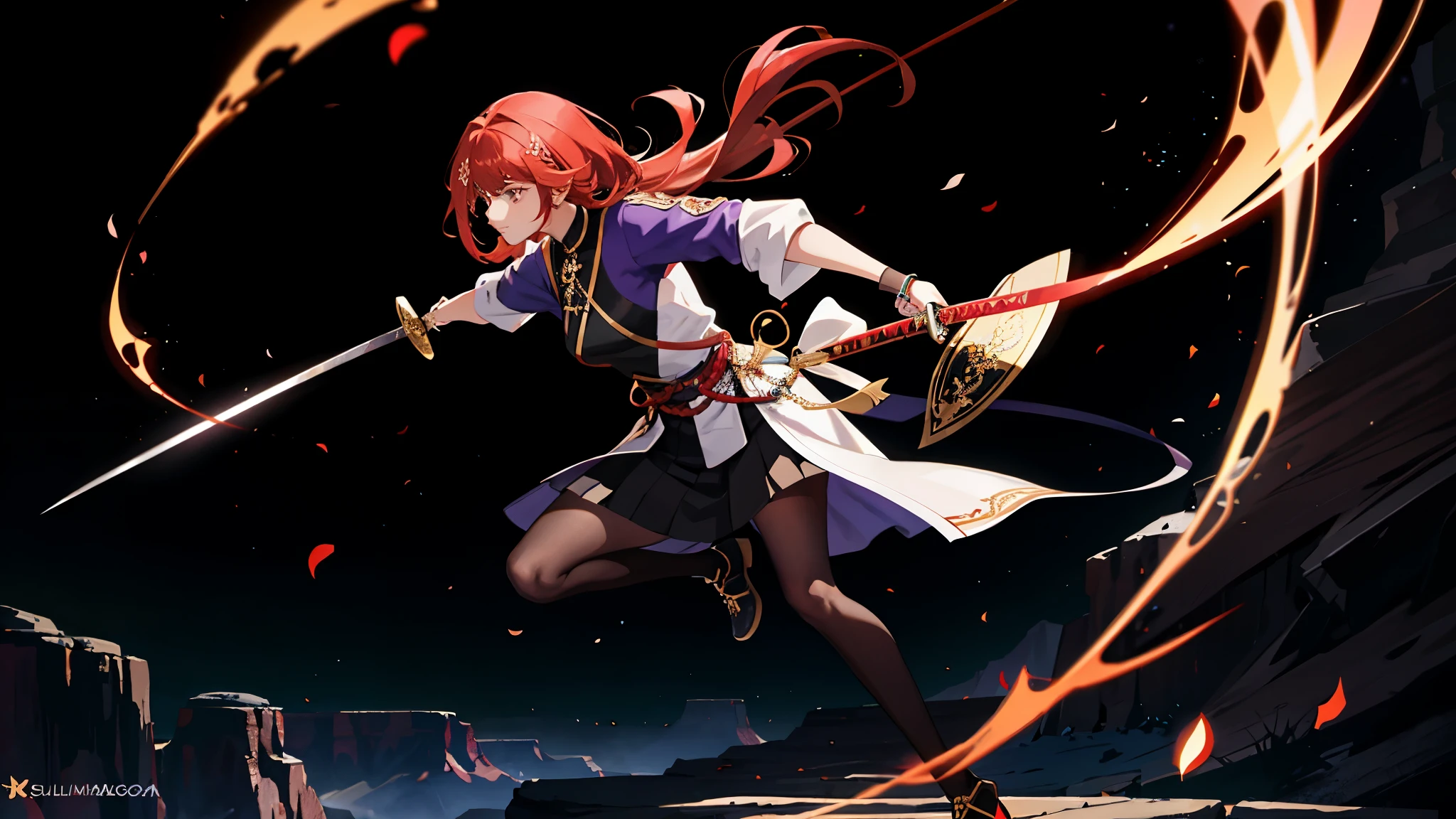 1 garota,cabelo vermelho,O cabelo multicolorido,Olho Roxo,katana in his hand,Lateral,light particles,o papel de parede,lesbian full body,Meio agachamento,Grand Canyon ao fundo