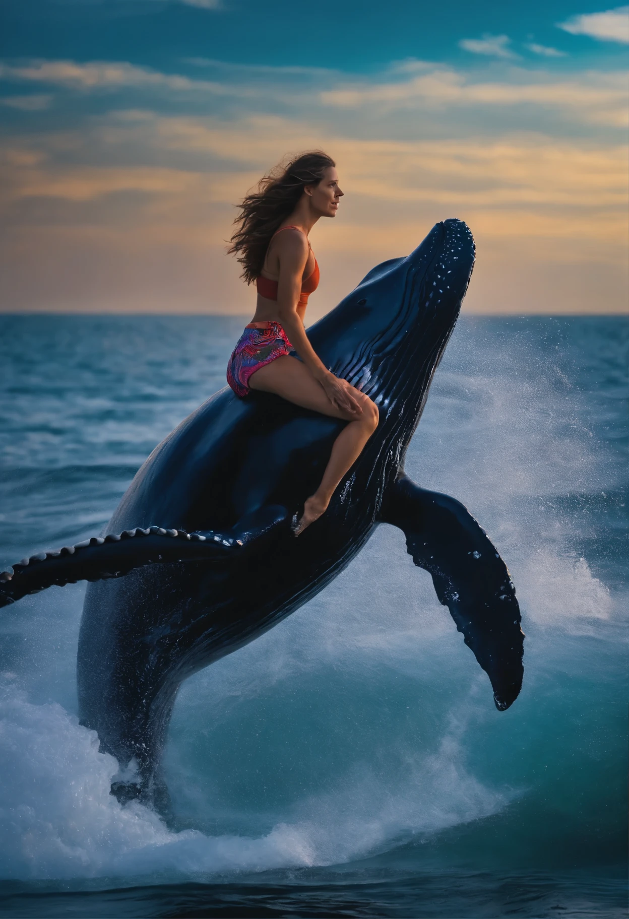 An adventurous n naturistic girl wearing a shirt and knee length track pant ,  riding on the back of a Humpback Whale in an ocean, with a daring look.