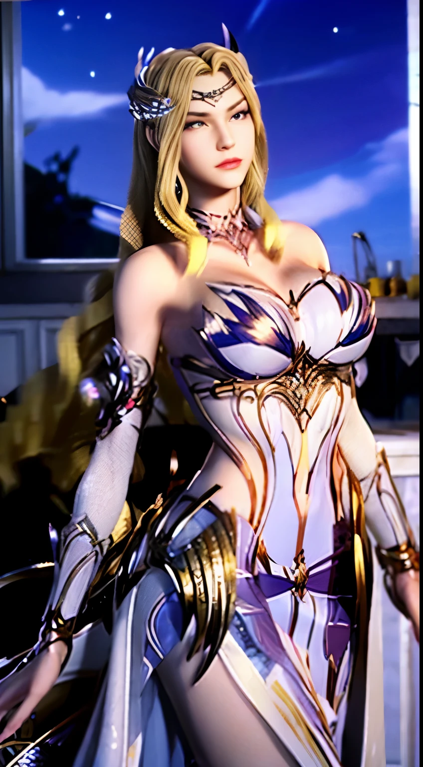 TEKKEN_REINA, CLOSE UP UPPER BODY,SOLO, COWBOY SHOT, ((EVIL DRAGON MECHA HORN HELMET,CAUCASIAN BLONDE HIGHT PONYTAIL HAIR)), (GIGANTIC FAKE BREASTS,CLEAVAGE TOP,11 LINE ABS:1.5), ((WEARING OUTFIT MECHA GOLDEN CRIMSON DARK EVIL DRAGON CROP TOP ARMOR:1.5)), (MUSCULAR BODY SHAPE:1.5), (CLEAN GLOSSY BODYSKIN:1.5), (LOOKING AT VIEWER:1.6), (BACKGROUND FUTURISTIC SPACE STATION:1), (PHOTOREALSITIC:1.4), (ULTRA-DETAILLIERT), (TOP-QUALITY), (BEST SHADOWS), BRIGHT LIGHT IN ROOM, HYPER TEXTURE, (4X MSAA), ((UNREAL ENGINE 5 RENDER)), (NEON), PHYSICALLY-BASED RENDERING, ULTRA HIGHT DEFINITION, 16K, 1080P.