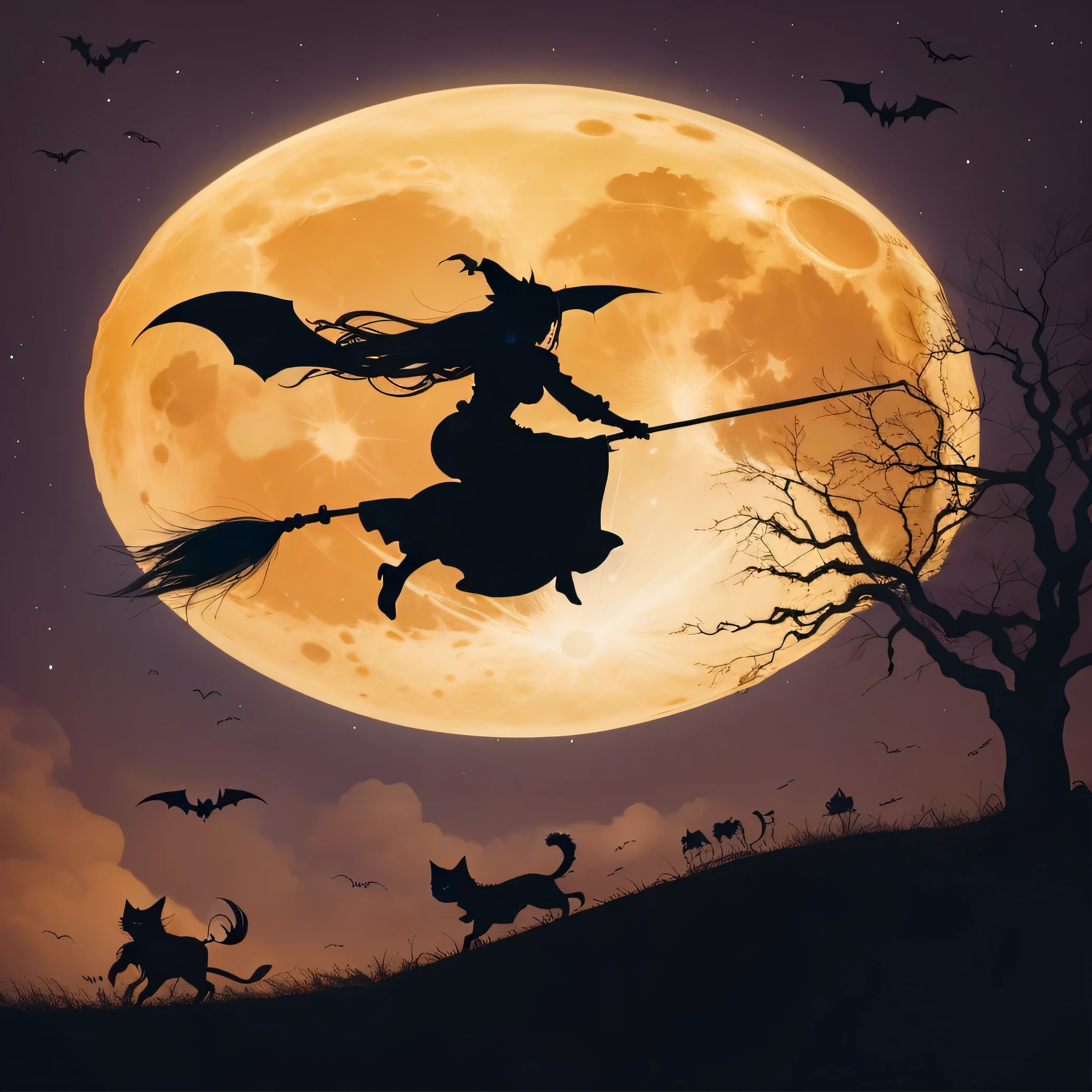 bruxa flying on broom with cat and bats in front of full moon, voando na vassoura, bruxa, bruxay, bruxaes, cat bruxa, a bruxa, scarry but bebruxaing, dia das Bruxas, beautiful bruxa spooky female, bruxa woman, vassoura, bruxa fairytale, classical bruxa, sky bruxa, dia das Bruxas scene, dia das Bruxas night, dia das Bruxas art style, spooky dia das Bruxas night