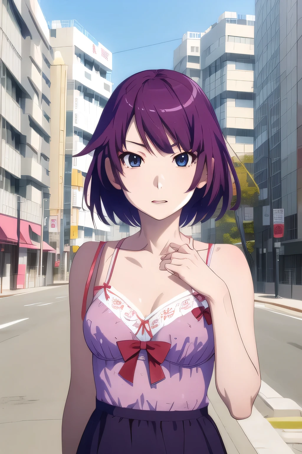 masterpiece, highest quality, High resolution, Detailed face, Face Focus, Anime Coloring,
hitagisenjougahara,  One girl, alone, chest, View your viewers, short hair, Open your mouth, blue eyes, bow, cleavage of chest, medium chest, underwear, Upper Body, Purple Hair, good, lingerie, pink good, bow good, print good, Senjougahara Hitagi,
