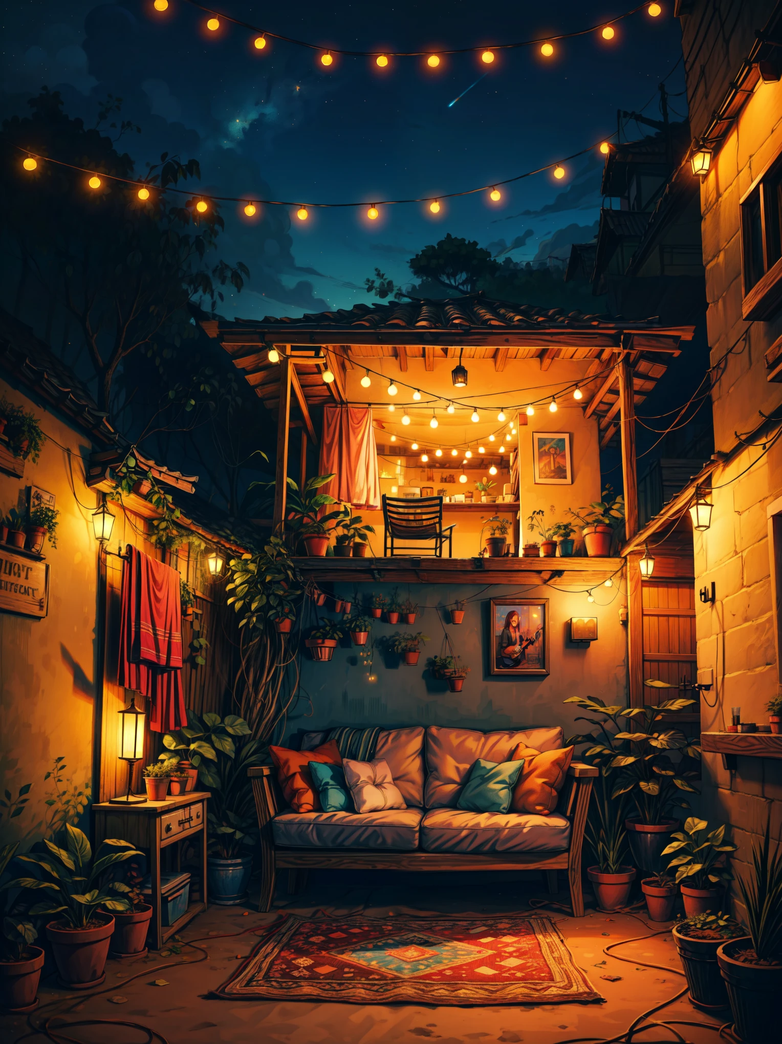 wide view, cozy terrace, sofa, orange string lights, leafy tropical plant pots, gypsy aesthetics, starry pink blue sky, earthy tones, colorful string lights, guitar, shed, boho carpet, decorations, cozy atmosphere, night time, micro landscape, intrinsic details