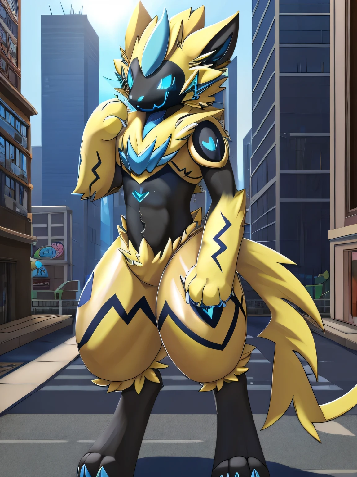 (zeraora),(Zeraora Pokémon),(yellow fur),(blue eyes),((Big city)), (anatomically correct) (Fluffy) (furry) (fuffy paws) (face,blushing) (blue pupils) ((full body))|(best_quality:0.7) protogen, protogen viewer, solo, masterpiece, high detailed, smile