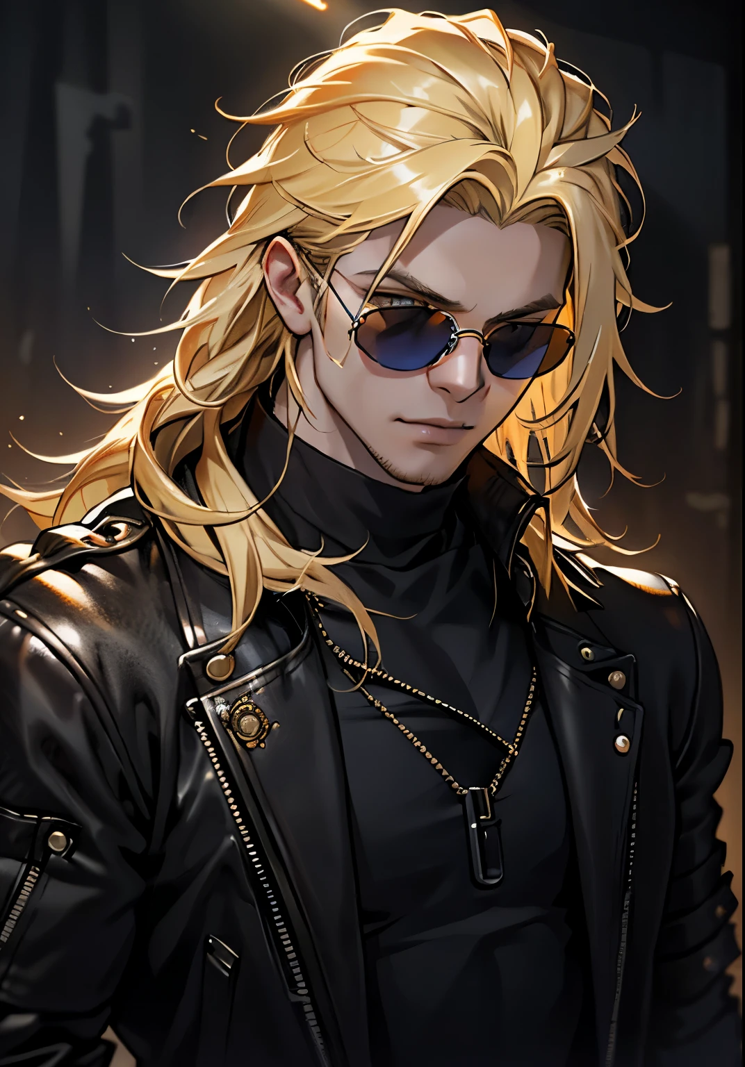 best quality,ultra-detailed,realistic:1.37,blonde hair boy with long straight hair,wearing dark sunglasses,rockstar style,edgy and cool lighting,portrait,studio lighting,vivid colors,sharp focus