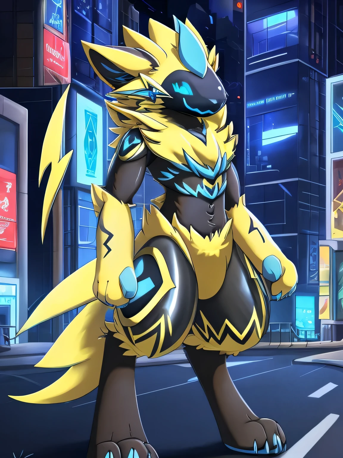 (zeraora),(Zeraora Pokémon),(yellow fur),(blue eyes),((Big city)), (anatomically correct) (Fluffy) (furry) (fuffy paws) (face,blushing) (blue pupils) ((full body))|(best_quality:0.7) protogen, protogen viewer, solo, masterpiece, high detailed, smile