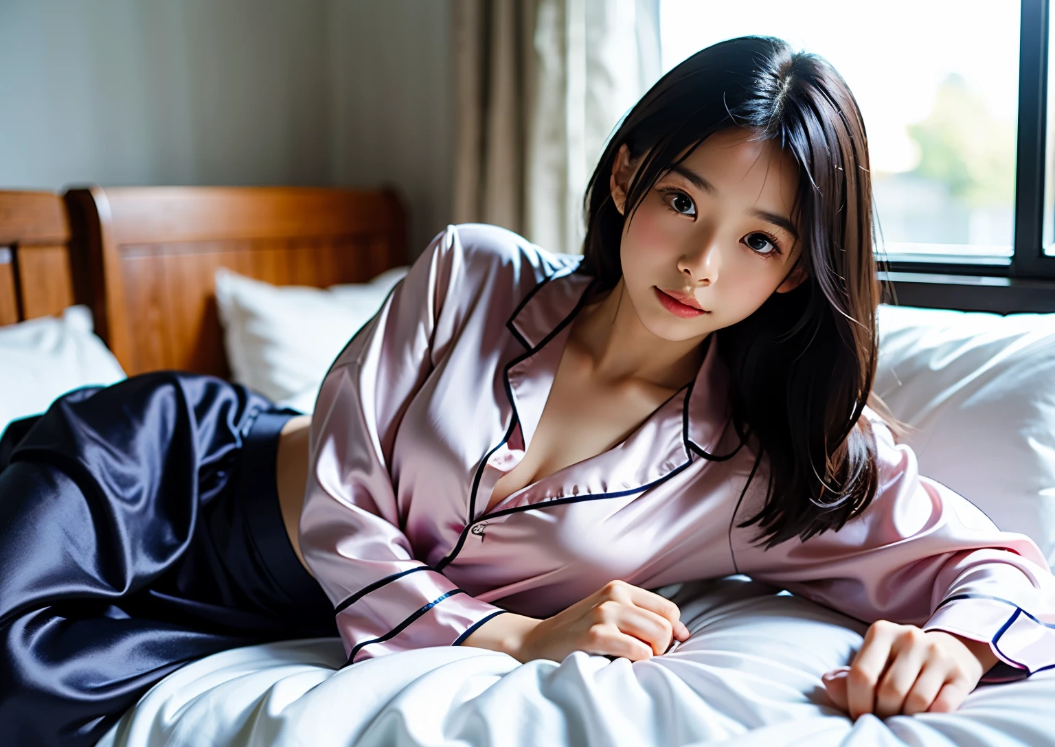 A girl wearing a silk pajamas skirt,Lying in bed