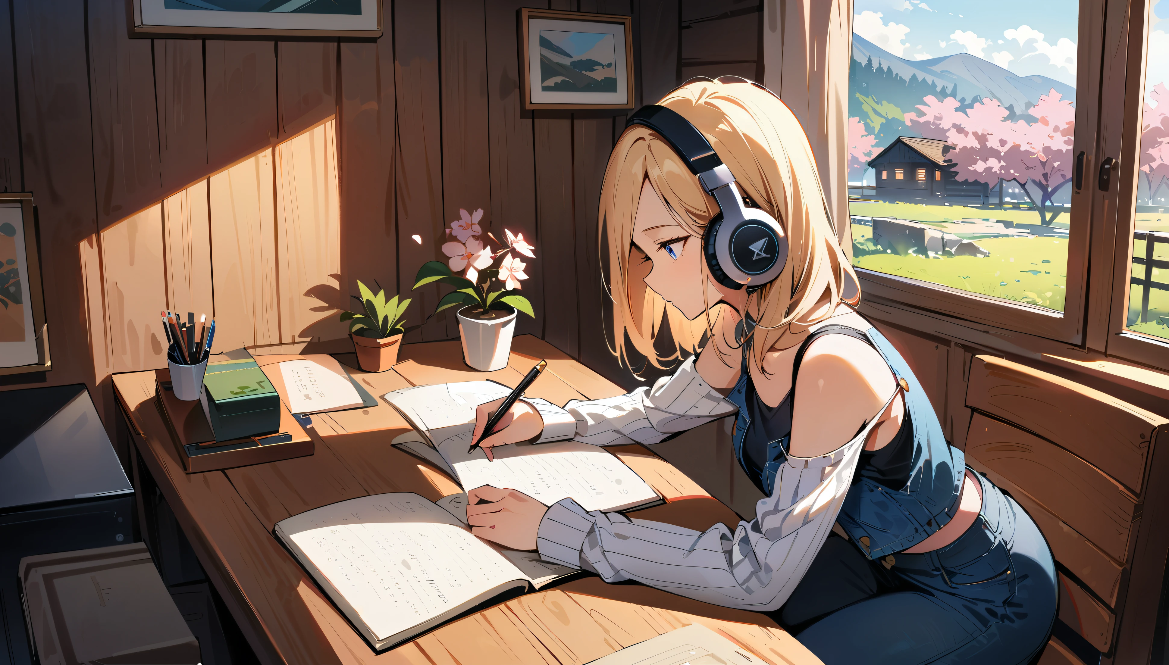 (masterpiece, best quality:1.2), 1girl, solo, Android 18 from Dragon Ball in her chic and pristine log cabin room, slender figure, (wearing white headphones), short blonde hair, blue eyes, earrings, jewelry, denim vest, black pantyhose, black fitted and cropped camisole, denim skirt, striped long sleeves, exposing her shoulders, seated at her stylishly organized desk intently writing in a journal, completely absorbed in documenting her thoughts, desk has a modern desk lamp, potted plant, an additional small potted plant in the foreground, chic log cabin style wooden walls, minimalist yet tasteful room decor with no clutter, large window with cherry blossoms blooming outside, side view, 4K