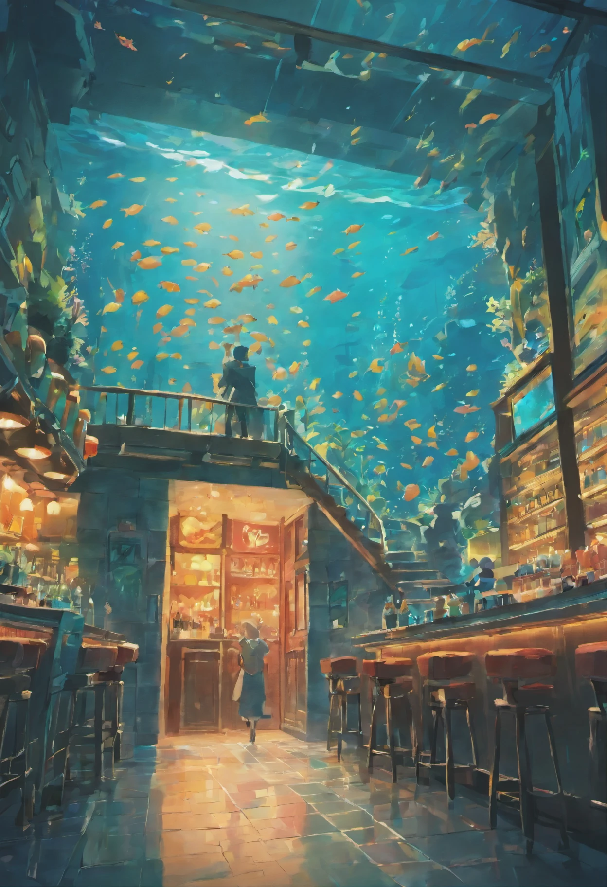 of a small bar. night. 3D 4K Wallpaper. The incredible blue oceanarium has many orange-red fish.