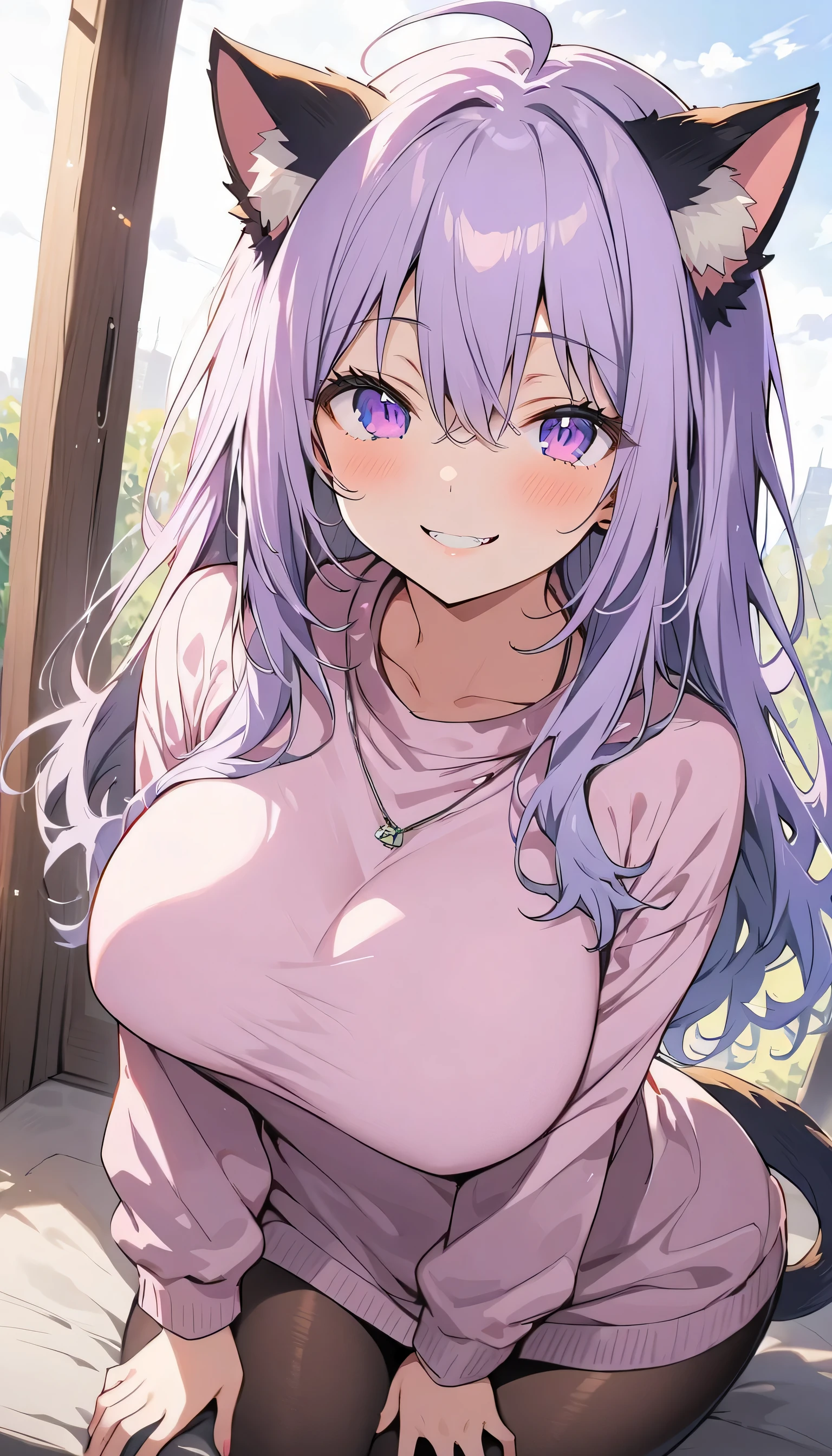masterpiece, highest quality, One girl, ((View your viewers)), Lilac hair, Purple eyes, Long Hair, Ahoge, sweater, sweater skirt, pantyhose, 163cm, Hair between the eyes, big breasts, Adult, 20-year-old, mature,, alone, only, smile, Cat ear, Cat's Tail, tooth, Cat girl, Animal ears、(highest quality、masterpiece、High resolution、detailed)anime style、flat style、(Shining Eyes、Beautiful Face), BREAK,anime