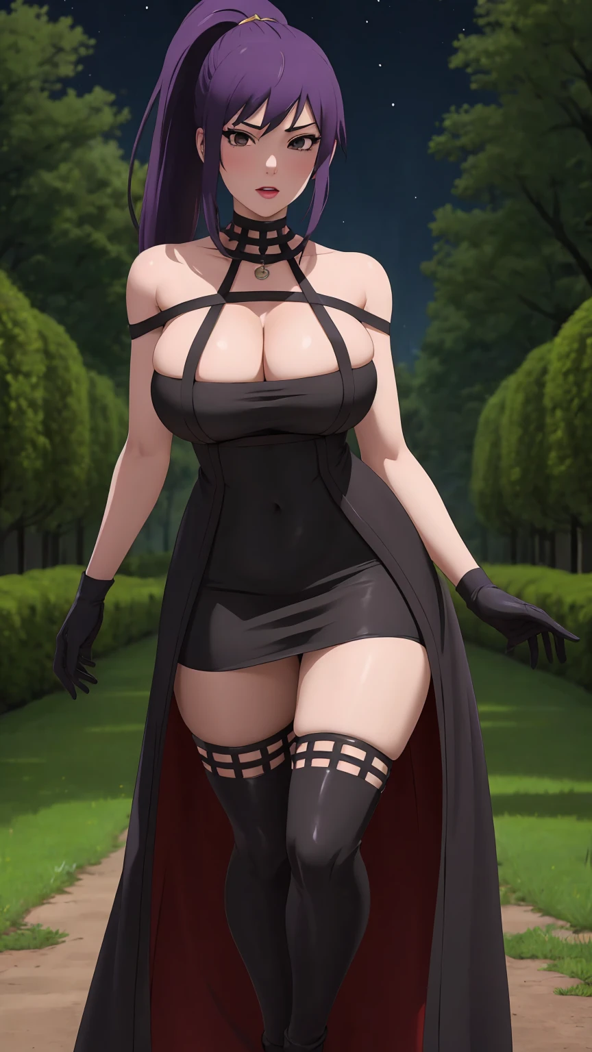 masterpiece, best quality, extremely detail 8k cg, high resolution, 1girl, yuugao, solo, purple hair, long hair, sidelocks, ponytail, brown eyes, perfect eyes, slim body, huge breasts, bursting breasts, standing, black dress, black thighhighs, black gloves, seductive face, outdoors, garden, night time, beautiful face, wide shot photo, full body