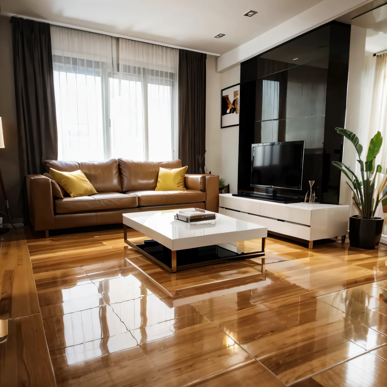 arafed living room with a couch, coffee table, and television, hardwood floors, modern living room, hardwood floor, wooden floor, glossy design, wooden floors, shiny floors, glossy surface, wood floor, high gloss, interior living room, decorated polished wood, wooden parquet, apartment design, inside a modern apartment, modern design, open shiny floor, modern look