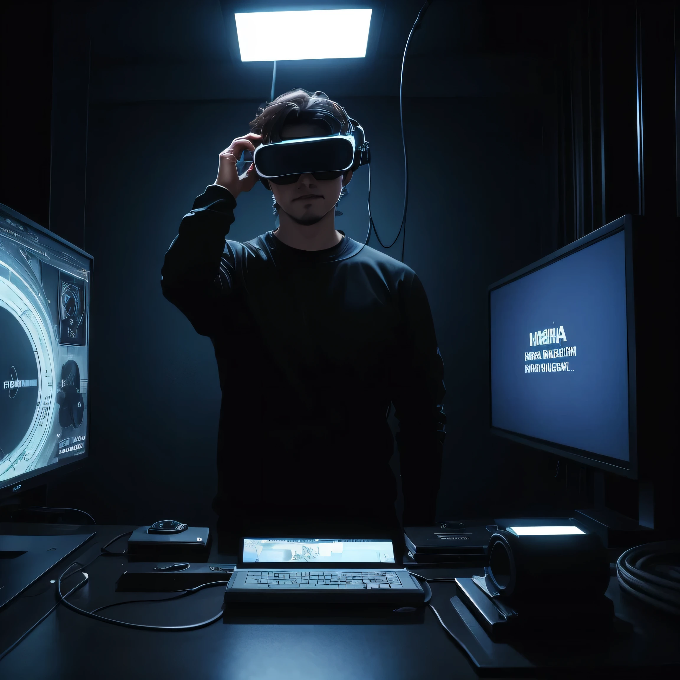Hombre con gafas VR, He has cables connected behind his head to which they are connected to screens that are in the background that simulate various videos of streamers, que tenga luces de cine y neones, render 3d, camara enfocada en la cara, cuida los detalles, clear lines, alto contraste, in good proportion of body and head