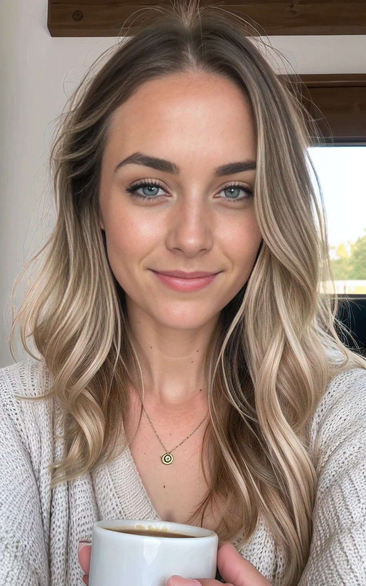 (Helena von Lovi) Photo of a breathtakingly beautiful woman, 24 Jahre alt, Perfectly fitting body, big green eyes, langes, unordentliches, windiges blondes Haar, green eyes, beautiful blonde wearing beige sweater (Drinking coffee in a modern cafe at sunset), sehr detailiert, 24 Jahre alt, unschuldiges Gesicht, naturally wavy hair, green eyes, High resolution, Meisterwerk, best quality, komplizierte Details, sehr detailliert, scharfer Fokus, Detaillierte Haut, realistisch skin Textur, Textur, detaillierte Augen, Fachmann, 4k, charming smile, gedreht mit Canon, 85mm, shallow depth of field, Kodak Vision Farbe, Perfectly fitting body, extrem detailliert, Foto_\(Ultra\), photorealistisch, realistisch, Nachbearbeitung, maximale Detailliertheit, Rauheit, wahres Leben, Ultra realistisch, Fotorealismus, Fotografie, 8k uhd, Fotografie