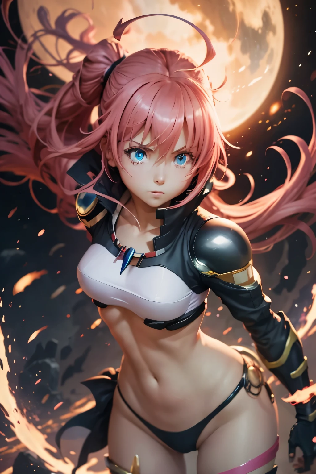 (best quality,highres:1.2), detailed fantasy art, serious expression, robot-like eyes, fighting stance, milim de tensei shitara slime datta ken, el cabello es rosa, va viajando en una moto futurista, los ojos son de robot, detailed fantasy art, postura de lucha, cuerpo completo, magical circles, It&#39;s night and there is black lightning in the sky