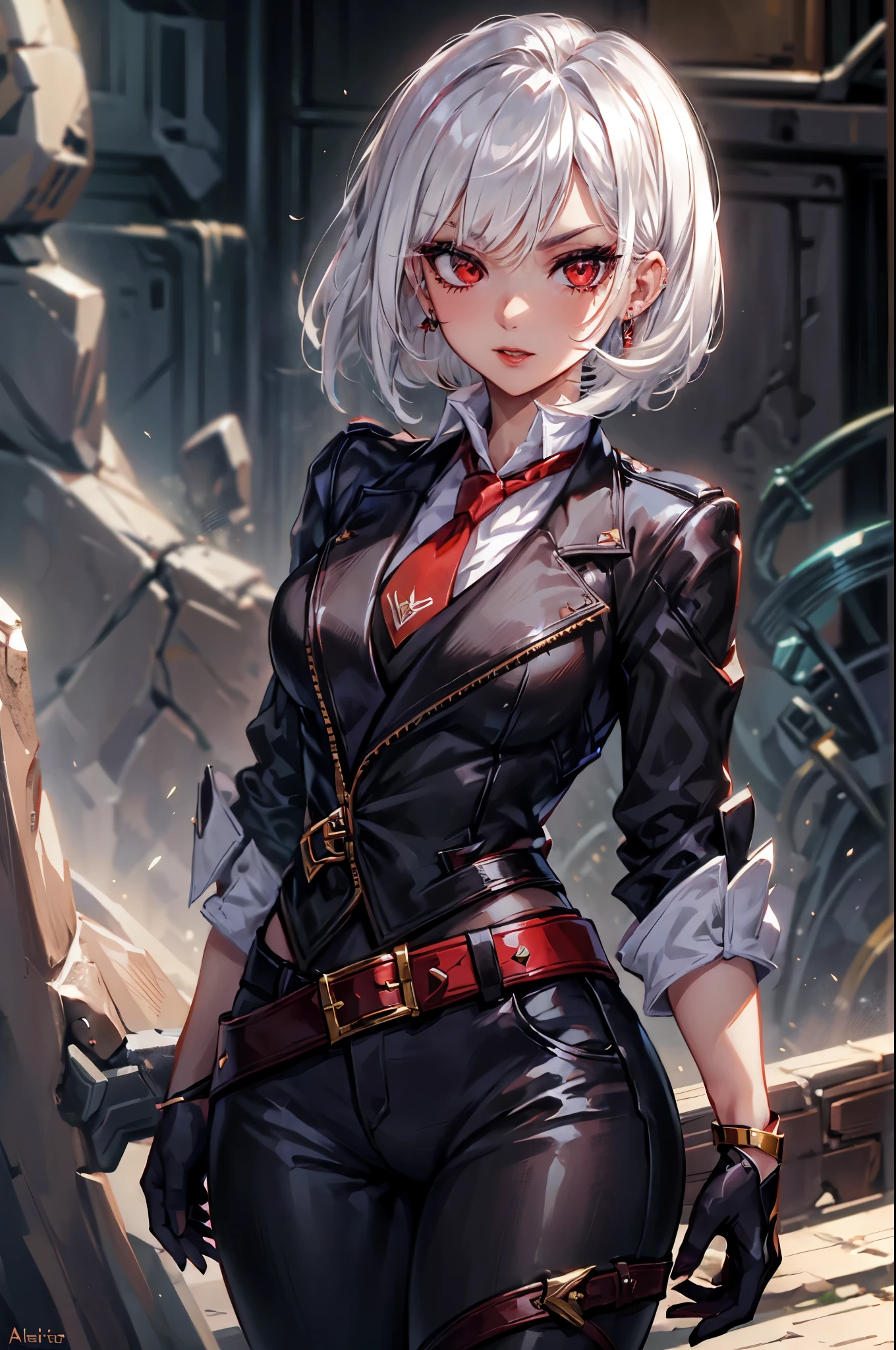 (masterpiece, best quality:1.2), expressive eyes, perfect face, highres, 1girl, solo, AsheOver, mole, earrings, red eyes, white hair,  medium hair, jewelry, makeup, lipstick, necktie, red necktie, thigh strap, black gloves, belt, stud earrings, red lips, shirt, pants, lips, eyeshadow, standing, upper body, looking at the viewer