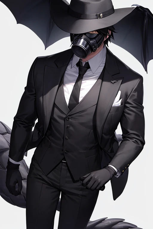 Create a man who is a mysterious agent who is wearing a black gas mask that hides his identity and wears a black suit, black pants, white gloves and a black fedora hat plus a large black dragon tail and large black dragon wings 