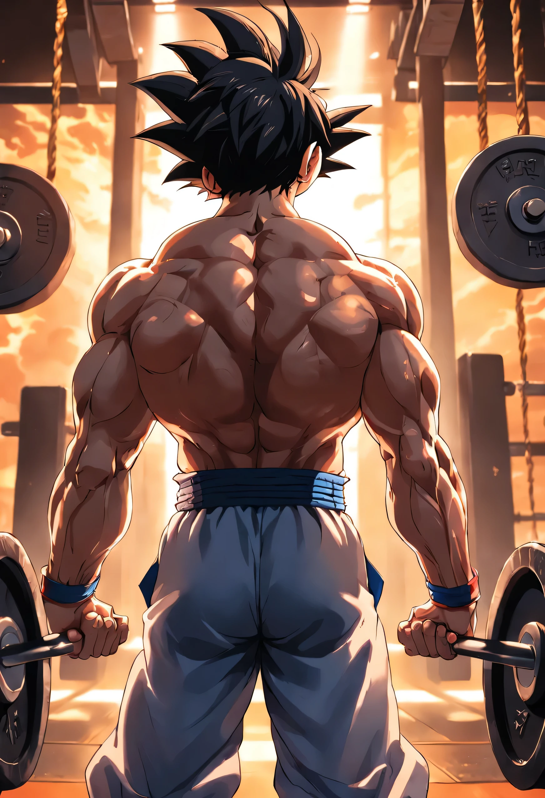A detailed drawing of Son Goku biceps training intensely in a bodybuilding gym.