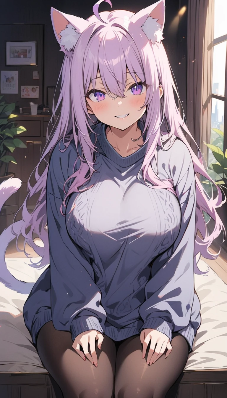 masterpiece, highest quality, One girl, ((View your viewers)), Lilac hair, Purple eyes, Long Hair,  Ahoge, sweater, sweater skirt, pantyhose, 163cm, Hair between the eyes, big breasts, Adult, 20-year-old, mature,, alone, only, smile, Cat ear, Cat&#39;s Tail, tooth, Cat girl, Animal ears、(highest quality、masterpiece、High resolution、detailed)anime style、flat style、(Shining Eyes、Beautiful Face),  BREAK,anime