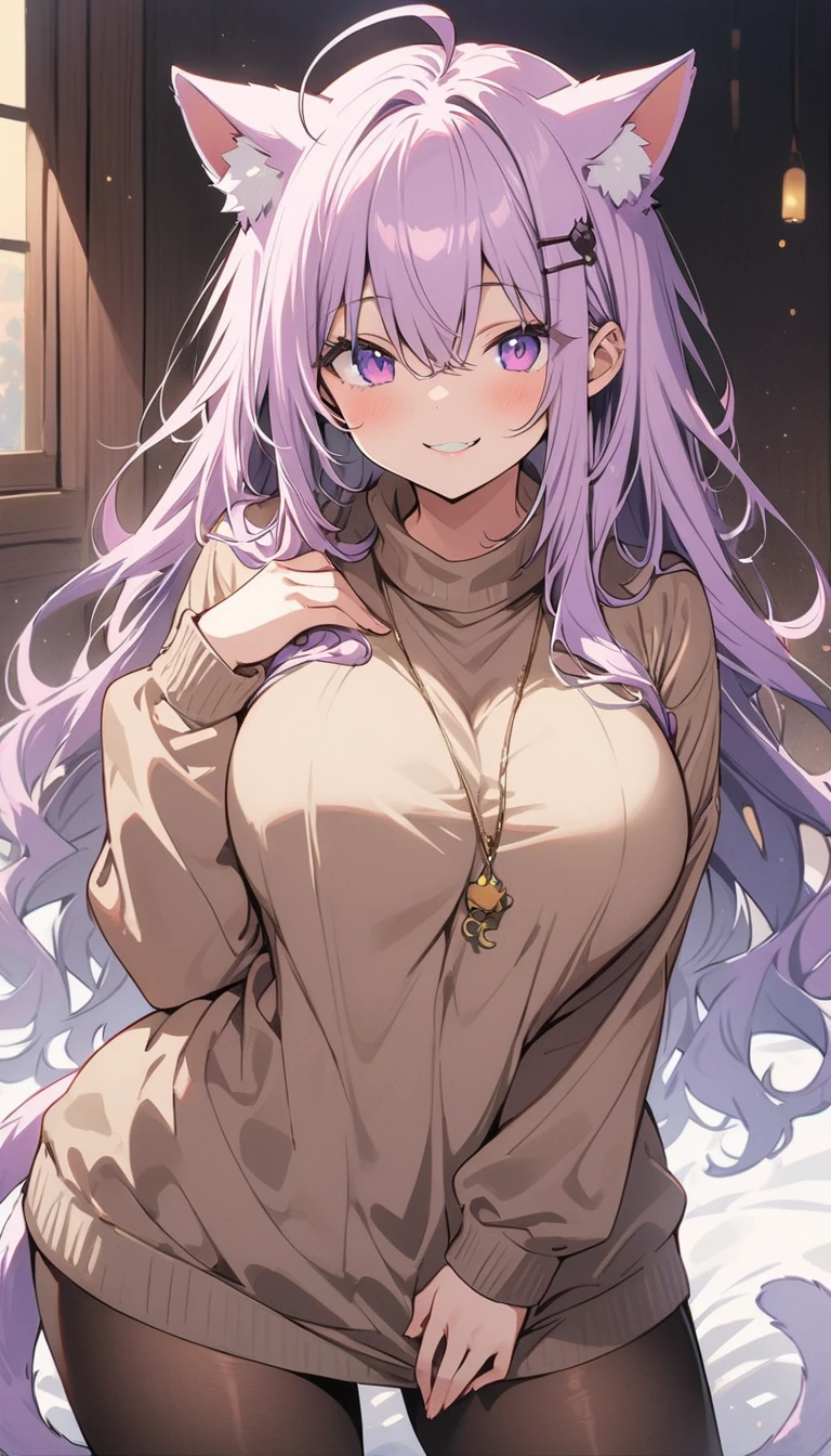 masterpiece, highest quality, One girl, ((View your viewers)), Lilac hair, Purple eyes, Long Hair, Ahoge, sweater, sweater skirt, pantyhose, 163cm, Hair between the eyes, big breasts, Adult, 20-year-old, mature,, alone, only, smile, Cat ear, Cat's Tail, tooth, Cat girl, Animal ears、(highest quality、masterpiece、High resolution、detailed)animeスタイル、flat style、(Shining Eyes、detailed美しい顔), BREAK,anime