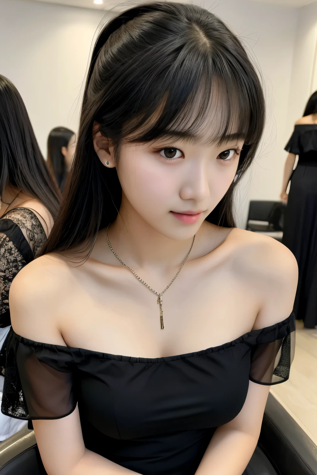 1 Girl, 19 years old, Solitary, Long hair, huge , Looking at the audience, Black Hair, 裸Off-shoulder膀, Brown eyes, Jewel-like, whole body, A necklace, Off-shoulder, See-through clothing, Practical, Sexy